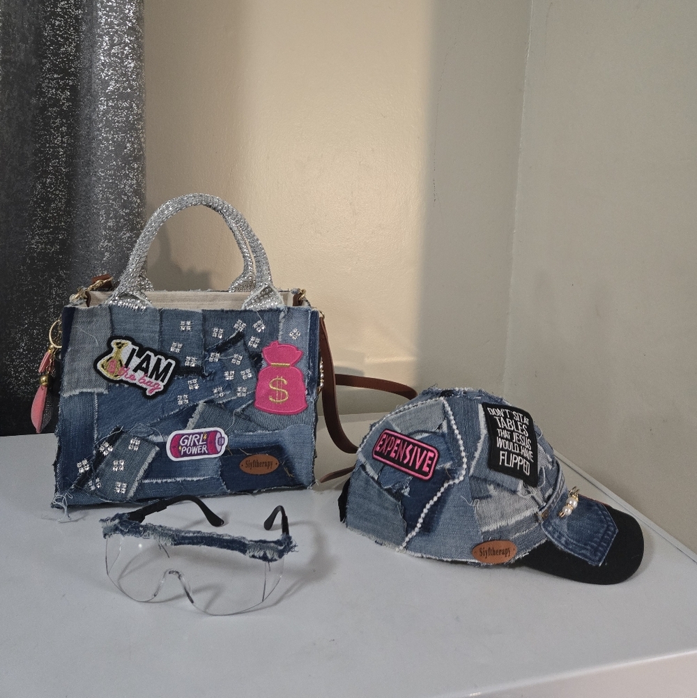 Denim Patchwork Bag and Cap Set